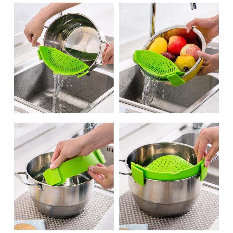 Universal silicone clip-on pot strainer
