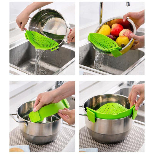 Universal silicone clip-on pot strainer